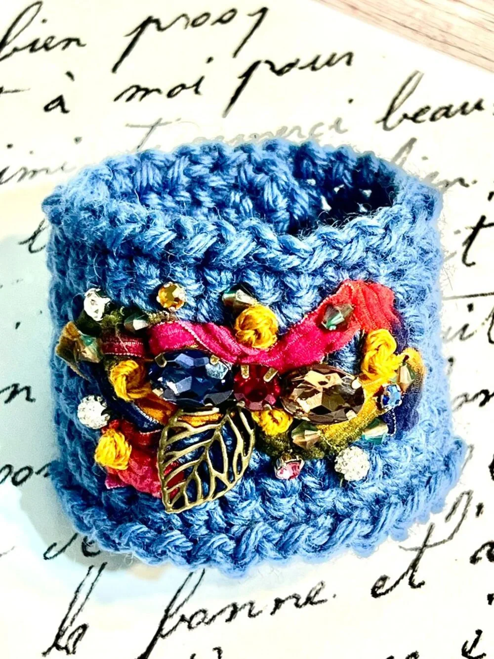 Artsy Boho CUFF/BRACELET~Handmade Denim Blue Wool with Vtg Jewel Center Piece